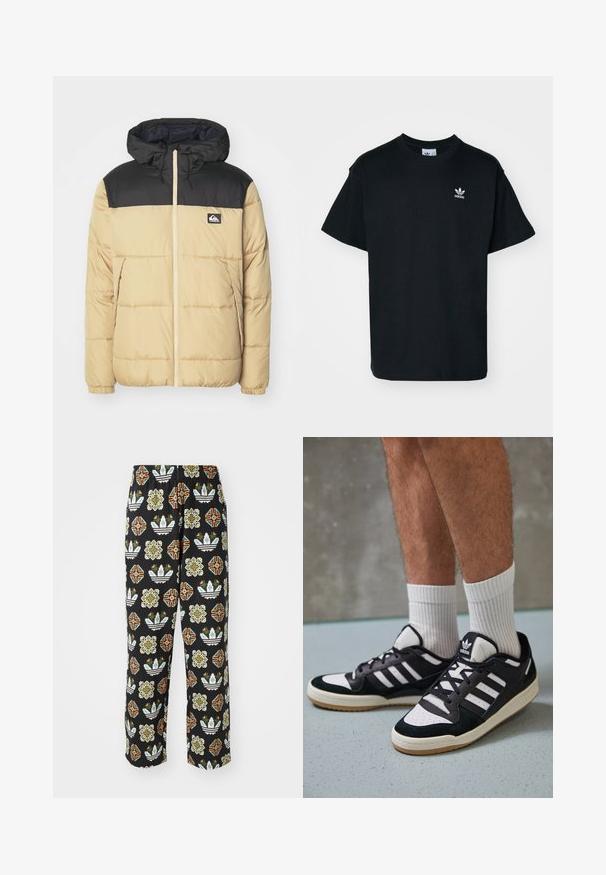 Padded bunda s béžovým trupem a černými rameny. Obsahuje kapuci, přední zip a boční kapsy. Měkká textura a šitý vzor.; Černé bavlněné tričko s kulatým výstřihem a krátkým rukávem, s malým bílým logem Adidas na levé části hrudi.; Černé kalhoty s propracovaným vzorem různých tvarů, včetně květinových motivů a pruhů v oranžové, zelené a bílé barvě.; Černobílé tenisky s vrchní částí z semišové a kožené kůže, včetně tří bílých pruhů, perforovaného špičky a podrážky z gumy.