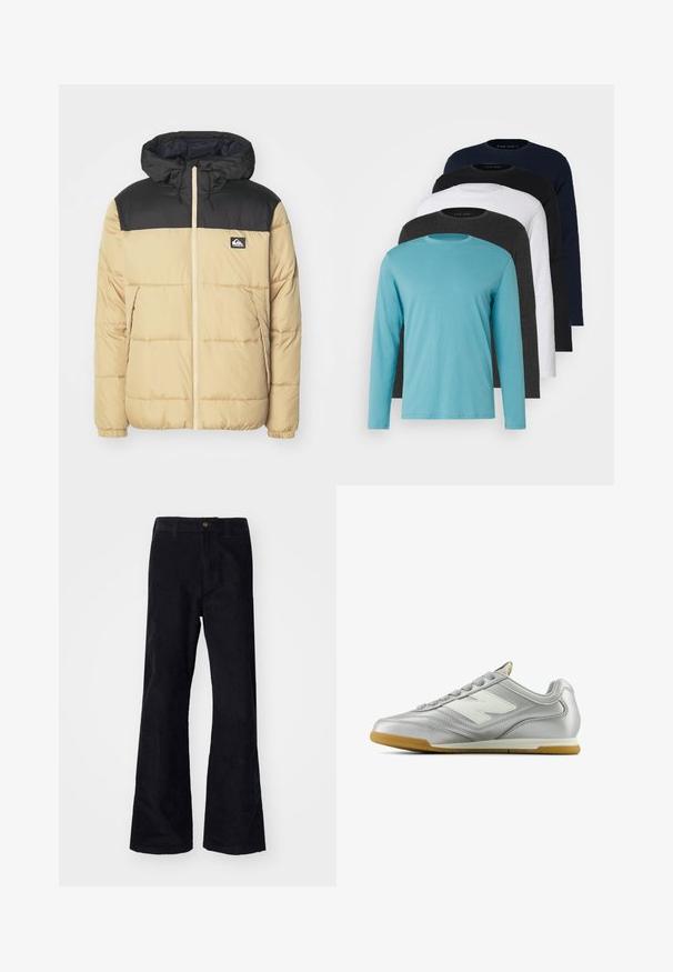 Padded jacket with a beige body and black shoulders. Features a hood, front zipper, and side pockets. Soft texture and stitched pattern.; Five long-sleeve T-shirts in a row: turquoise, black, white, dark gray, and navy blue. Soft fabric with crew neck design and standard fit.; Black, cotton flared pants with a traditional waistband, single front button, and pockets at the sides and back. Smooth texture.; Silver athletic shoe with a smooth, shiny surface, white logo on the side, textured gray laces, and a gum rubber sole.