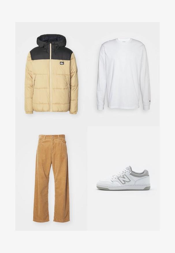 Padded jacket w beżowym korpusem i czarnymi ramionami. Posiada kaptur, zamek błyskawiczny z przodu oraz kieszenie boczne. Miękka tekstura i przeszyty wzór.; Biała, długospełna koszulka wykonana z bawełny. Klasyczny krój z okrągłym dekoltem, ściągaczami na rękawach oraz małym logiem na lewym rękawie. Gładka tekstura.; Spodnie z szerokimi nogawkami z kordurowego materiału w kolorze tan. Cechują się teksturowanymi, pionowymi prążkami, standardowym pasem i dwiema przednimi kieszeniami.; Białe skórzane sneakersy z szarymi akcentami, charakteryzujące się perforowaną częścią palcową, płaskimi sznurowadłami oraz wzorzystą podeszwą. Logo New Balance po boku.