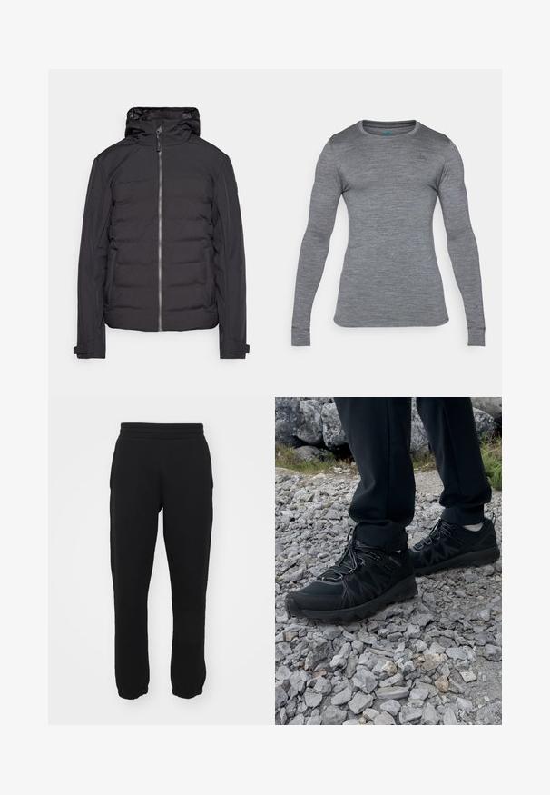 Black padded jacket with a zip front, a hood, and long sleeves. Features a solid texture and a sleek, modern design.; Long-sleeve gray shirt made of a textured, lightweight material with a crew neck and fitted design. Small logo detail on chest.; Black sweatpants made of cotton blend, featuring an elastic waistband, tapered legs, and ribbed cuffs at the ankles. Simple design, no patterns.; Black outdoor shoes with mesh and synthetic material, featuring a textured upper, secured lacing system, and a rugged outsole, on rocky terrain.