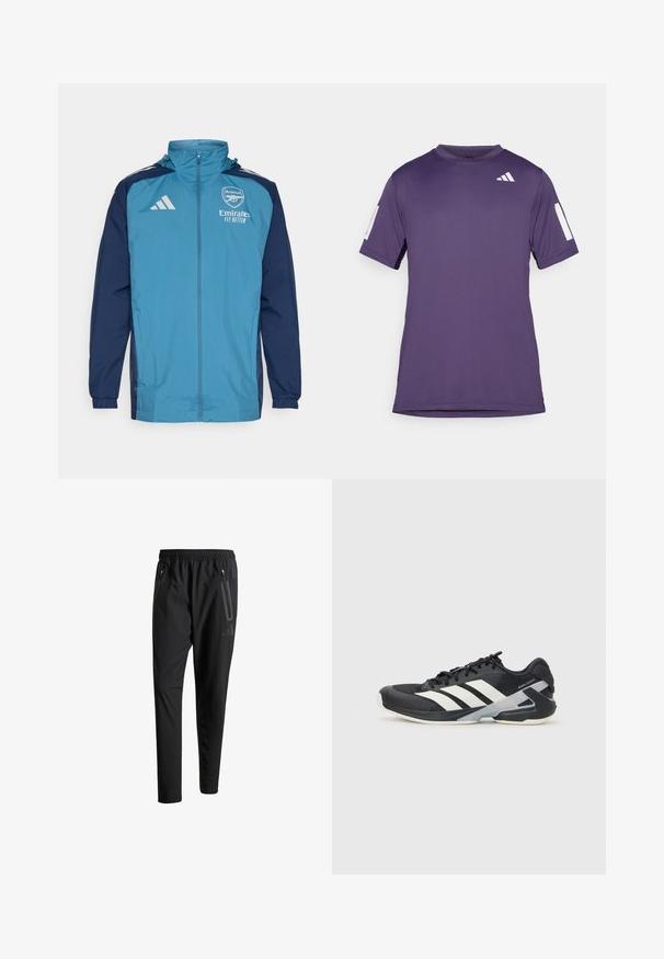 Casaco leve e impermeável com um frente em azul-turquesa e mangas em azul-marinho, apresentando um fecho com zíper, capuz e detalhes do logótipo no peito.; Camiseta desportiva de manga curta roxa feita de tecido suave, apresentando detalhes brancos nas mangas e no peito, decote redondo e corte descontraído.; Calças de treino pretas com uma cintura elástica, dois bolsos laterais com fecho, pernas ajustadas e um discreto detalhe de logotipo no quadril.; Sapata atlética preta com riscas brancas, parte superior em malha, biqueira arredondada e sola acolchoada. Apresenta um calcanhar texturizado e um sistema de atacadores seguro.