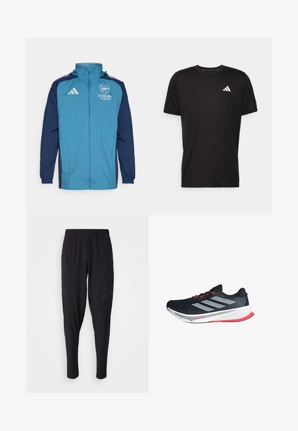 Lichte waterdichte jas met een teal voorkant en marineblauwe mouwen, voorzien van een rits, capuchon en logo-accenten op de borst.; Zwarte katoenen t-shirt met korte mouwen, ronde hals en een wit logo op de linkerkant van de borst. Gladde textuur en eenvoudig ontwerp.; Zwarte sportbroek met een elastische tailleband, taps toelopend ontwerp, zijzakken en subtiele logodetails. Gemaakt van flexibele, ademende stof.; Zwarte hardloopschoen met zilveren strepen, roze accenten, ademende mesh bovenkant, gevoerde witte zool en een slank ontwerp voor comfort en prestaties.