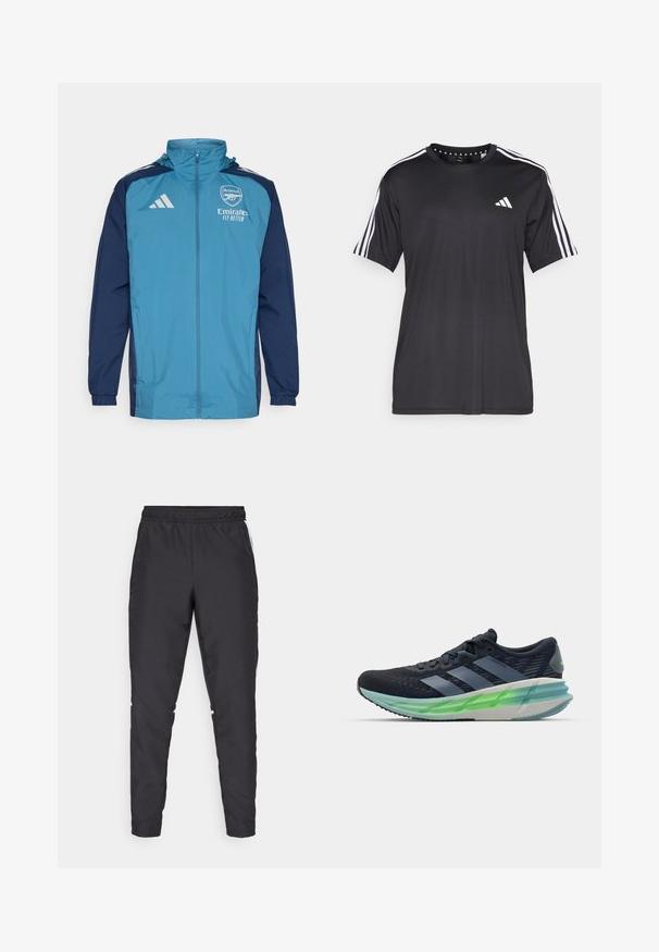 Casaco leve e impermeável com um frente em azul-turquesa e mangas em azul-marinho, apresentando um fecho com zíper, capuz e detalhes do logótipo no peito.; T-shirt preta de mangas curtas com um design de três riscas brancas nos ombros e logótipo no peito. Feita de um tecido respirável, de textura suave.; Calças atléticas pretas com um cós elástico, pernas ajustadas e acentos brancos nas laterais. Feitas de material sintético com uma textura suave.; Sapatilha atlética preta e azul com parte superior em malha, três riscas brancas, sola translúcida verde e um padrão texturizado notável. Design leve.