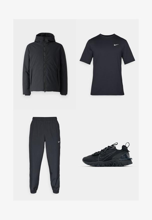 Schwarze isolierte Jacke mit Reißverschluss vorne, verstellbare Kapuze und seitlichen Taschen. Das Material ist glatt und matt, mit einer strukturierten Passform.; Schwarzes, kurzärmliges Nike-T-Shirt aus glattem Material, mit einem weißen Swoosh-Logo auf der oberen linken Seite und Rundhalsausschnitt.; Schwarze Trainingshose aus einem leichten Stoff mit elastischem Bund, Knöchelabschlüssen und einem dezenten Nike-Logo auf der linken Seite.; Schwarzer Sportschuh mit atmungsaktivem Mesh-Obermaterial, strukturierten Akzenten und einer wellenförmigen Gummisohle. Verfügt über ein reflektierendes Logo und ein Schnürsystem.