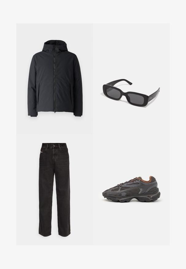 Chaqueta aislante negra con apertura frontal con cremallera, capucha ajustable y bolsillos laterales. El material es liso y mate, con un ajuste estructurado.; Camiseta de manga larga negra de algodón, con escote redondo y un pequeño logo de cocodrilo bordado en verde en el lado izquierdo del pecho.; Pantalones de mezclilla negros de pierna ancha con cintura alta, cierre frontal de botones, dos bolsillos laterales y detalles de costura sutiles.; Zapatillas Lacoste en gris oscuro con material de malla y sintético, que cuentan con una suela texturizada y detalles en marrón en el cuello y la marca.; Gafas de sol rectangulares negras con lentes oscuros, montura de plástico suave y patas anchas. Marca sutil en el lado.