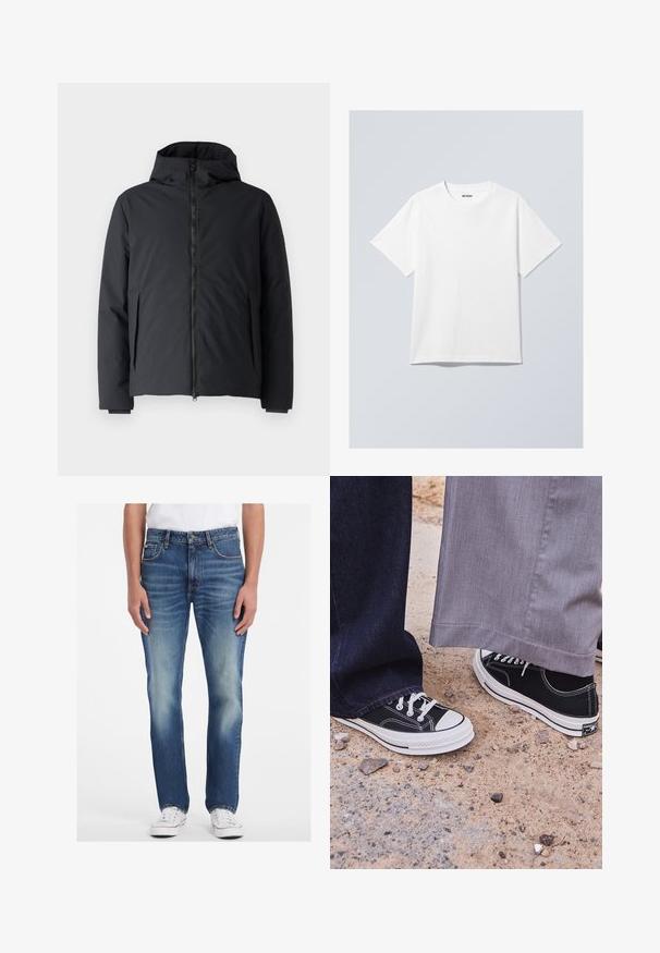 Schwarze isolierte Jacke mit Reißverschluss vorne, verstellbare Kapuze und seitlichen Taschen. Das Material ist glatt und matt, mit einer strukturierten Passform.; Weißes Baumwoll-T-Shirt mit rundem Halsausschnitt, kurzen Ärmeln und lockerer Passform. Verziert mit einem Markenlabel mit der Aufschrift "WEEKDAY" am Halsausschnitt.; Blaue Jeans aus Denim mit gerade geschnittenem Design, die eine helle Waschung, ausgewaschene Akzente und einen Fünf-Taschen-Stil aufweisen. Kombiniert mit weißen Sneakers.; Schwarze Leinenschuhe mit weißen Gummisohlen und Schnürsenkeln. Ein Fuß ist mit dunkelblauen Jeans kombiniert, der andere mit hellgrauen Hosen.