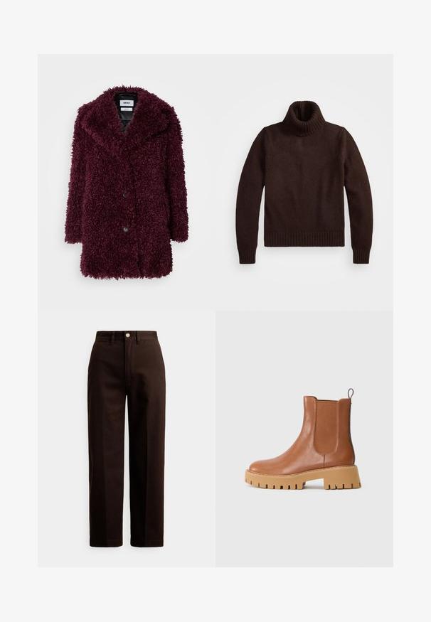 Burgundijas mākslīgā kažokādas mētelis ar mīkstu tekstūru, sešu pogu priekšējā aizdare, plata apkakle un divas priekšējās kabatas.; Brūns, masīvs adīts turtlenecks džemperis ar ribotām apkakli un apakšu. Iezīmes garās piedurknes un brīvu piegriezumu, izgatavots no mīkstas tekstilvielas.; Tumši brūnas taisna griezuma bikses ar pogu un rāvējslēdzēja aizdari, jostas cilpām un priekšējām kabatām baltā fonā.; Brūna ādas potīšu zābaks ar elastīgām sānu panellēm, apaļu purngalu un masīvu brūnu platformas zoli ar izteiktu protektora rakstu.