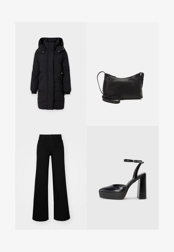 JDY JDYAJA - Žieminis paltas - black; Tamsiai mėlynas trumpas mezginys su raukšlėta tekstūra, trumpomis plačiomis rankovėmis ir apvaliu kaklu. Paprastas dizainas, be matomų raštų ar akcentų.; Juodos plačios kelnės iš denimo, turinčios struktūruotą juosmenį, diržo kilpas ir priekines kišenes. Lygus paviršius su klasikinio dizaino elementais.; Juodi platforminiai aukšti kulniukai su smailiu kojų pirštu ir reguliuojamu kulkšnies dirželiu. Pagaminti iš lygaus odos, turi masyvų blokinį kulną.; Juodas odinis petinis krepšys su lygiu paviršiumi, išlenkta forma, reguliuojama dirželiu ir užtrauktuku. Minimalistinis dizainas be puošmenų.