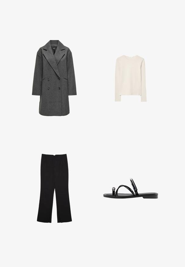 ONLY ONLBLAKE OVERSIZE COAT - Klasičan kaput - dark grey melange; Svijetlo bež majica dugih rukava napravljena od mekanog materijala, s okruglim izrezom i opuštenim krojem s ravnim rubom i minimalnim detaljima šivanja.; Crne hlače ravnog kroja, s prednjim džepovima i bočnim prorezima na rubu. Izrađene od mekog i glatkog materijala. Pogodne za razne prigode.; Crne ravne sandale s sjajnom završnom obradom, tri tanke trake i kružna metalna detalj na prstu. Elegantni dizajn s minimalnim potplatom.