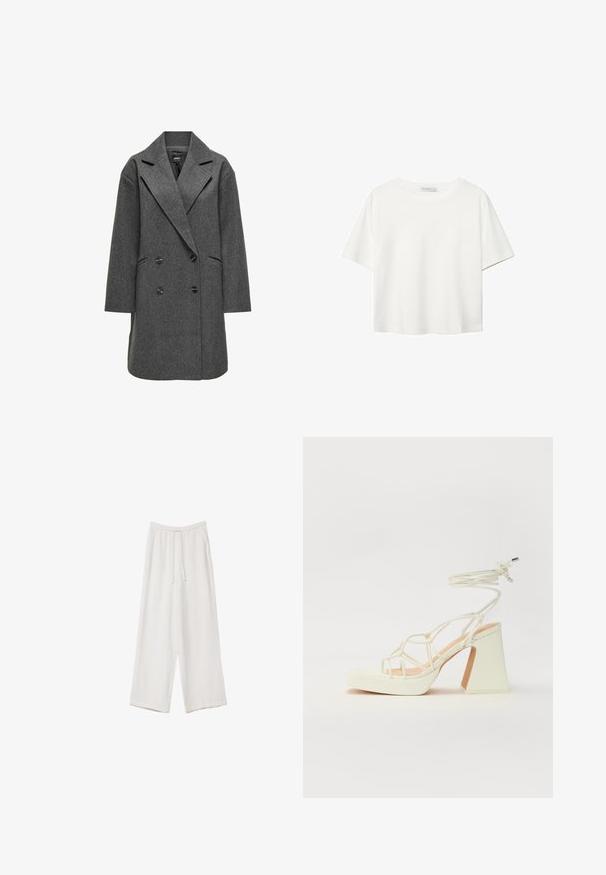 ONLY ONLBLAKE OVERSIZE COAT - Klasični plašč - dark grey melange; Bela kratka majica s kratkimi rokavi iz bombaža. Ima okroglo izrezovanje in sproščen kroj. Gladka tekstura brez vidnih vzorcev ali poudarkov.; Bele široke hlače iz lahkega materiala. Imajo elastičen pas s vrvico in stranske žepe. Gladka tekstura.; Bela sandala na visokih petah s debelim petam, ki ima obliko trakcev in vezanje okoli gležnja. Gladka tekstura z platformo spredaj za dodatno višino.