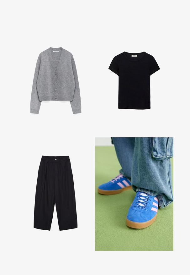 Grauer, knöpfbarer Cardigan mit langen Ärmeln, gerippten Bündchen und Saum sowie einem V-Ausschnitt.; Schwarzes kurzärmeliges T-Shirt aus weichem Stoff. Mit klassischem Rundhalsausschnitt und lockerer Passform. Keine Muster oder Akzente sichtbar.; Schwarze Polyester-Culotte mit einem elastischen Bund, zwei vorderen Falten und einer lockeren Silhouette. Keine sichtbaren Muster oder Hardware-Details.; Blaue Wildlederschuhe mit rosa Streifen und weißen Schnürsenkeln, ausgestattet mit einer Gummisohle, kombiniert mit lockeren Jeanshosen auf einer grünen Fläche.