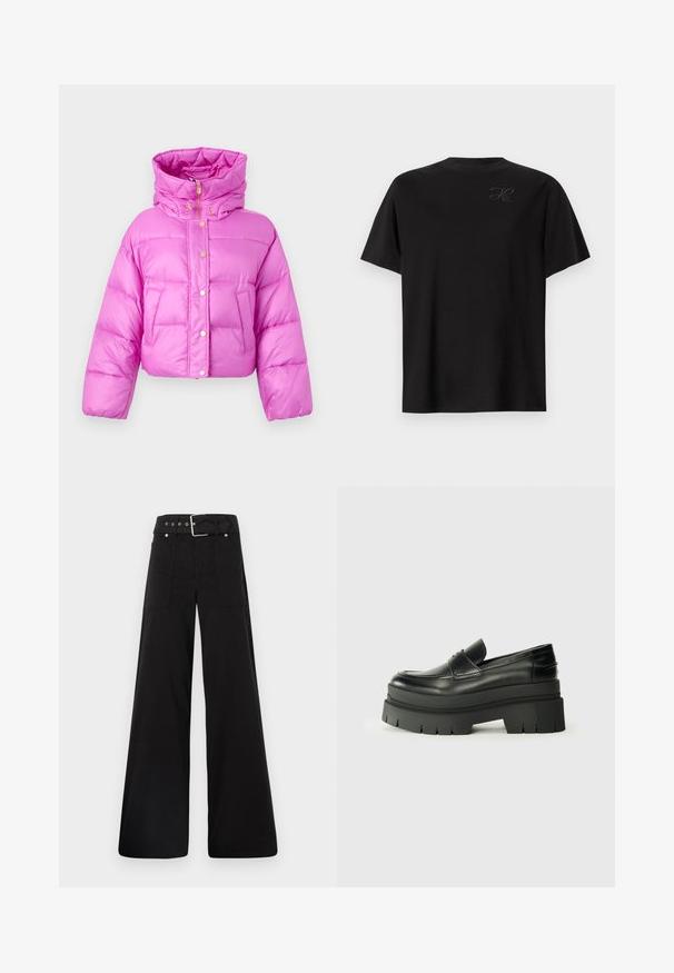 Przycięta różowa puchowa kurtka z wysokim kołnierzem, z przodu zapinana na napy i o błyszczącej teksturze; posiada dwie boczne kieszenie i kaptur.; Czarny bawełniany t-shirt, fason z okrągłym dekoltem, z krótkimi rękawami, z małym, tonowym logo na górnej lewej stronie. Gładka faktura.; Czarne spodnie o szerokich nogawkach wykonane z bawełny, z wysokim stanem, dużymi bocznymi kieszeniami i paskiem w talii z akcentami w kolorze srebrnym.; Czarne skórzane loafersy z grubą platformą. Okrągły nos, detal szwu z przodu i subtelne akcenty przeszycia. Płaska, teksturowana podeszwa.