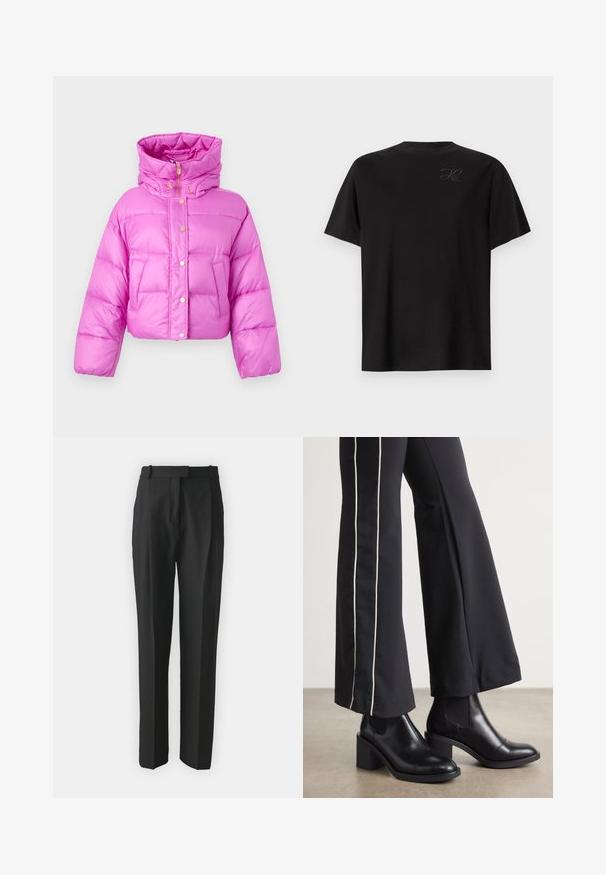 Skraťená ružová puffer bunda s vysokým golierom, prednými patentkami a lesklou textúrou; obsahuje dve bočné vrecká a kapucňu.; Čierne tričko z bavlny, s crew neck strihom, krátkymi rukávmi, na hornom ľavom boku s malým, tónovým logom. Hladká textúra.; Čierne nohavice na mieru vyrobené z ľahkej tkaniny, so strmým strihom, plochým predným dielom a pútkami na opasok. Hladká textúra bez viditeľných vzorov.; Čierne kožené členkové topánky s blokovým podpätkom, vybavené elastickými bočnými panelmi. Skombinované s čiernymi nohavicami, ktoré majú biely bočný pruh.