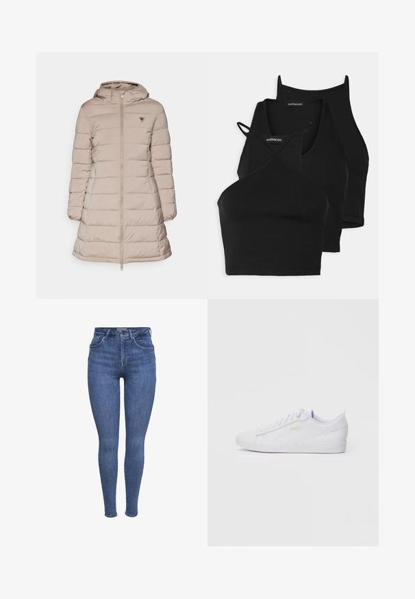 Guess NEW ALETA LONG PUFFER JACKET - Wintermantel - weathered grey; Schwarze, kurz geschnittene Tops aus weichem, dehnbarem Material mit dünnen Trägern und einem überkreuzten Design. Besitzt einen runden Ausschnitt und nahtlose Abschlüsse.; Blaue hochgeschnittene Skinny-Jeans mit frontalen Taschen, Knopf, Reißverschluss und Gürtelschlaufen, auf einem weißen Hintergrund präsentiert.; Weiße low-top Puma Sneaker mit Schnürung, dezentem Branding an der Seite und Sohle sowie glattem synthetischen Obermaterial für den lässigen Gebrauch.
