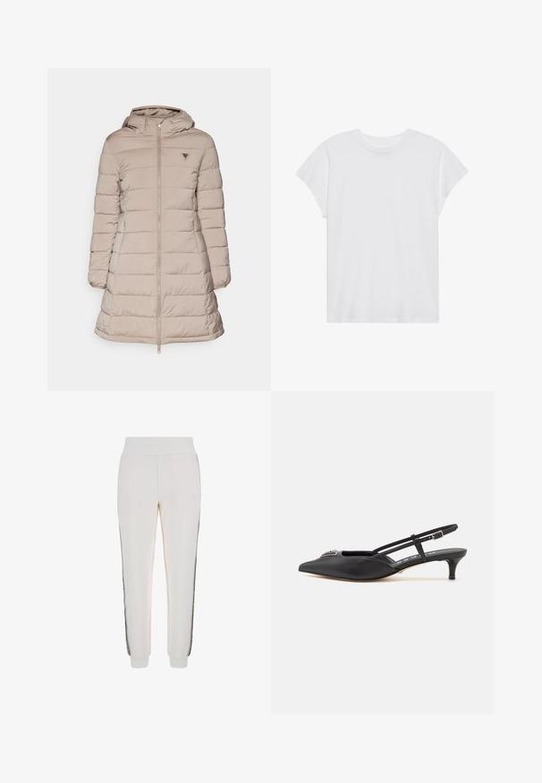 Guess NEW ALETA LONG PUFFER JACKET - Winter coat - weathered grey; White short-sleeve t-shirt with a round neck, relaxed fit, made of soft cotton fabric. Smooth texture, no patterns or logos.; White jogger pants made of soft fabric, featuring a ribbed waistband and black side stripes with a logo detail on the front.; Black slingback shoes with a pointed toe, made of smooth material, featuring a small heel and a decorative silver accent on the vamp.