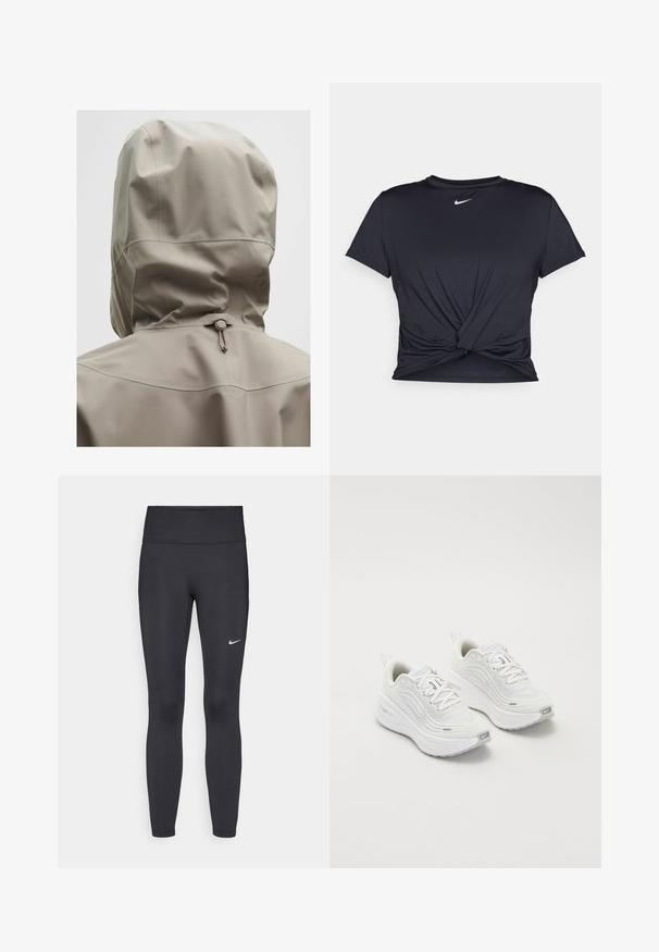 Vaaleanbeige vedenpitävä takki, jossa on istuva huppu, elastinen kiristysnarua ja sileä pinta. Saumadetaileja selässä.; Musta urheilu T-paita, joka on valmistettu sileästä kankaasta, jossa on solmittu etuosa ja pieni valkoinen Nike-logo rinnassa.; Mustat leggingsit joustavasta kankaasta, joissa on korkea vyötärö ja valkoinen Nike-logo vasemmassa reidessä. Sileä pinta, muotoaan myötäilevä suunnittelu.; Valkoiset urheilukengät, joissa on teksturoitu verkkoma upper, pehmustettu pohja ja hillityt harmaat yksityiskohdat. Mukana brändäys ja silmukkamuotoinen kantapäänvetotappi helppoa pukeutumista varten.