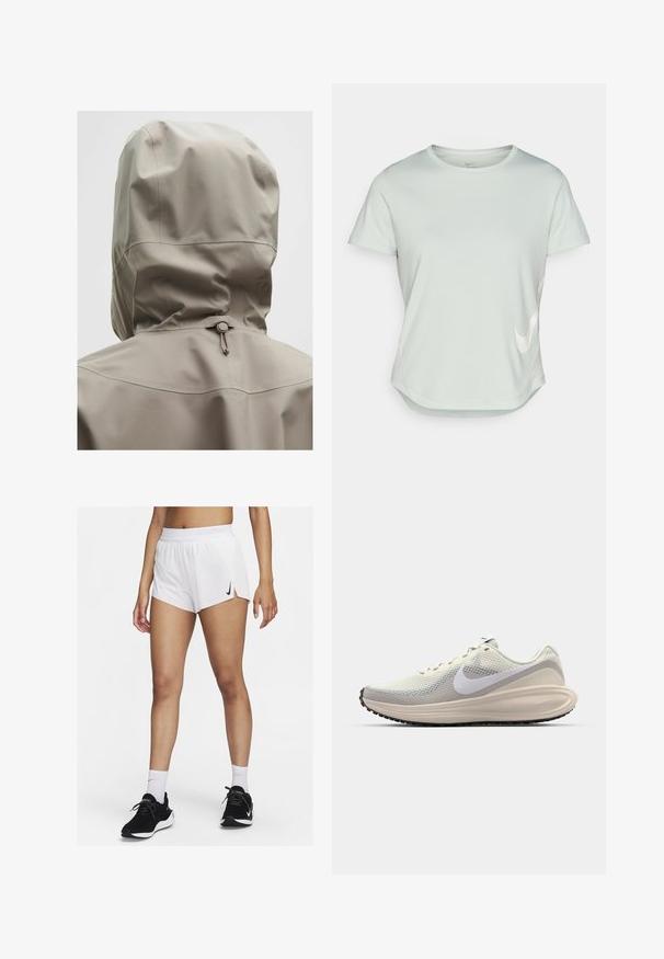 Giacca impermeabile beige chiaro con cappuccio aderente, cordino elastico e texture liscia. Dettagli delle cuciture sul retro.; Maglietta atletica a maniche corte di colore verde chiaro con collo rotondo. Presenta un logo Nike bianco sulla parte anteriore e un orlo curvo. Texture liscia.; Pantaloncini sportivi bianchi con vita a coste, spacchi laterali e logo Nike nero. Indossati con scarpe da ginnastica nere e calzini bianchi alti.; Sneakers con una toma superiore in rete grigia chiara, logo Nike bianco, suola intermedia ammortizzata, forma elegante e suola in gomma nera con motivo a battistrada.