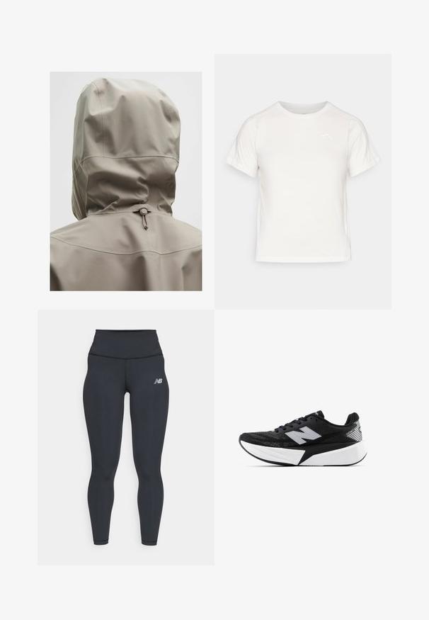 Jachetă impermeabilă de un bej deschis, cu glugă ajustată, șnur elastic și textură netedă. Detalii cusute pe spate.; Tricou alb ușor, cu mâneci scurte, guler rotund și un logo mic în colțul din stânga sus. Material neted cu un luciu subtil.; Leggings atletice negre cu talie înaltă, având o textură netedă și un mic logo alb New Balance pe coapsă.; Pantof de alergare New Balance alb-negru, cu talpă groasă, parte superioară din plasă și logo-ul "N" pe lateral, văzut din partea exterioară.