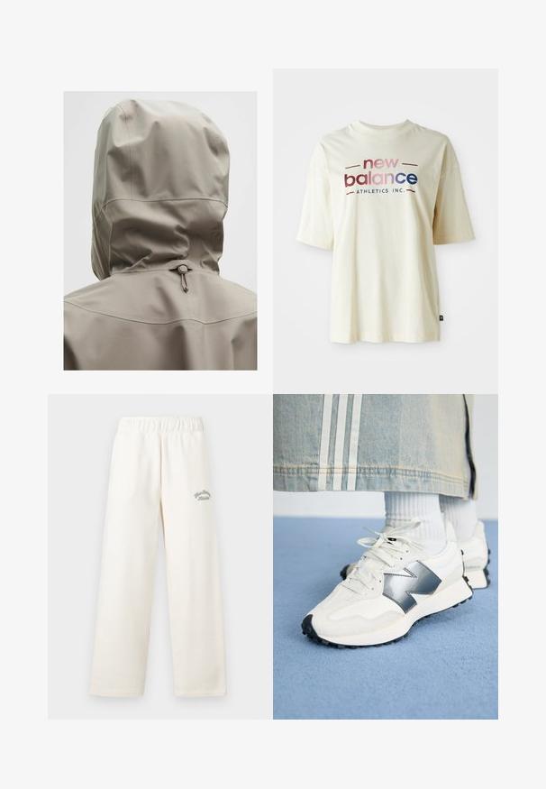 Lys beige vandtæt jakke med en tætsiddende hætte, elastisk snøre og glat overflade. Sømdetaljer på ryggen.; Cremefarvet bomulds T-shirt med korte ærmer, udstyret med et farverigt "new balance" logo og teksten "ATHLETICS INC."; Cremefarvede vide bukser lavet af blødt materiale med elastisk talje. Har diskret grøn broderet tekst foran.; Hvide sportsko med sølvdetaljer, tekstureret stof og glat læder; med en sort gummisål og snørebånd.
