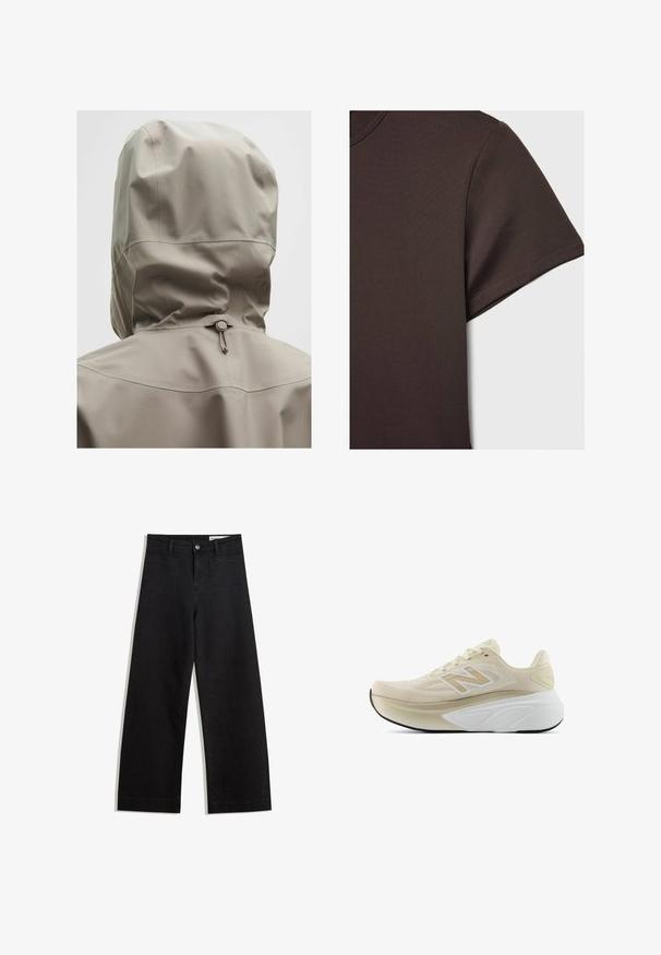 Vaaleanbeige vedenpitävä takki, jossa on istuva huppu, elastinen kiristysnarua ja sileä pinta. Saumadetaileja selässä.; T-paita tummanruskeana lyhythihaisena, valmistettu sileästä ja joustavasta materiaalista, jossa on klassinen pyöreä kaula-aukko ja siistit ompeluyksityiskohdat.; Mustat leveät farkut korkealla vyötäröllä, joissa on etu- ja takataskut, ommellut saumat ja nappisuljenta. Silkinoinen rakenne.; Vaaleanbeige ja valkoinen New Balance -juoksukenkä, jossa on neulos yläosa, paksu vaimentava välikerros ja musta pohja, esitetty sivuprofiilissa valkoista taustaa vasten.
