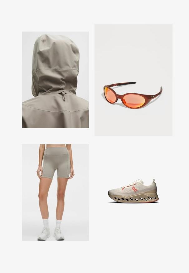 Ljusbeige vattentät jacka med en åtsittande huva, elastisk dragsko och slät yta. Sömnadsdetaljer på baksidan.; Svart långärmad croptopp som matchas med åtsittande mörkgrå leggings. Toppens design är enkel; leggings har sid sömmar och en jämn textur.; lululemon SWIFT SPEED HIGH-RISE 15CM - Korta löptajts - warm ash grey; Ljusbeige sportskor med en texturerad ovansida, röda detaljer och en innovativ sula med utskärningar för ventilation och dämpning.; Röda solglasögon med ovala linser och orangefärgad spegelbeläggning. Har en stilren, lätt plastbåge och svarta detaljer vid templen.; Silkesquare scarf med ett livligt abstrakt mönster i rött, rosa och grönt, kantad med en djup bourgogne trim.