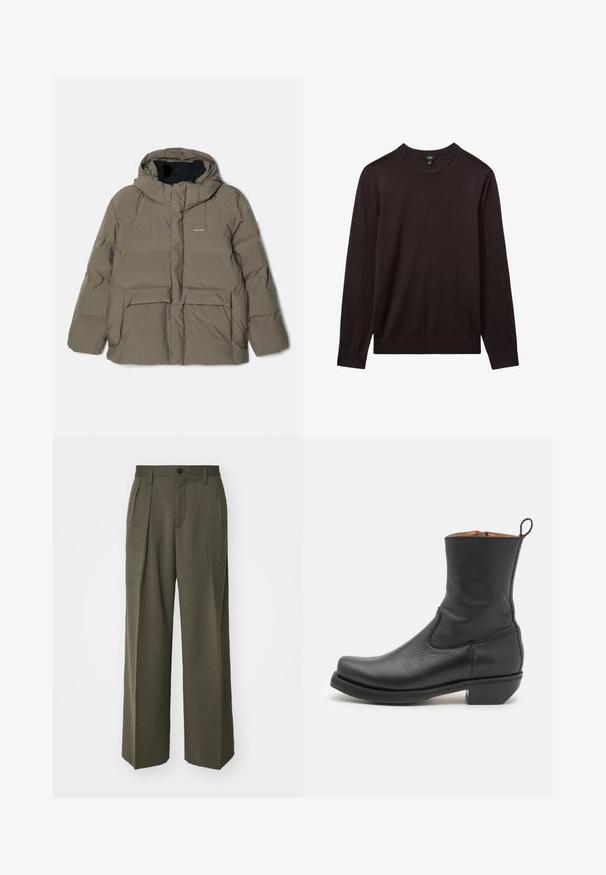 Holzweiler DOVRE JACKET - Dunjacka - taupe; Reiss Stickad tröja - dark bordeaux; Filippa K WIDE TROUSERS - Tygbyxor - driftwood; Svart läderankelsko med en slät yta, smal profil, sidostickningar och en låg, fyrkantig klack. Har en dra-flik bak.