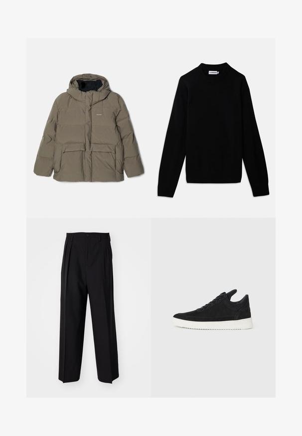 Holzweiler DOVRE JACKET - Down jacket - taupe; Black sweater with a ribbed crew neckline, long sleeves, and a textured knit pattern. No visible logos or embellishments.; Black pleated trousers with a straight, wide-leg design. Made from smooth fabric, featuring a button closure and belt loops.; Black suede sneaker with a white rubber sole, featuring tonal stitching and lace-up design. Smooth texture with a modern, streamlined shape.