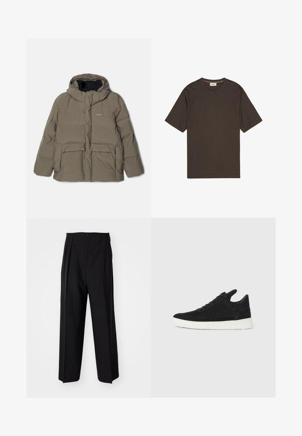 Holzweiler DOVRE JACKET - Down jacket - taupe; Brown cotton t-shirt with a round neck and short sleeves. Smooth texture and simple design, no visible patterns or accents.; Black pleated trousers with a straight, wide-leg design. Made from smooth fabric, featuring a button closure and belt loops.; Black suede sneaker with a white rubber sole, featuring tonal stitching and lace-up design. Smooth texture with a modern, streamlined shape.