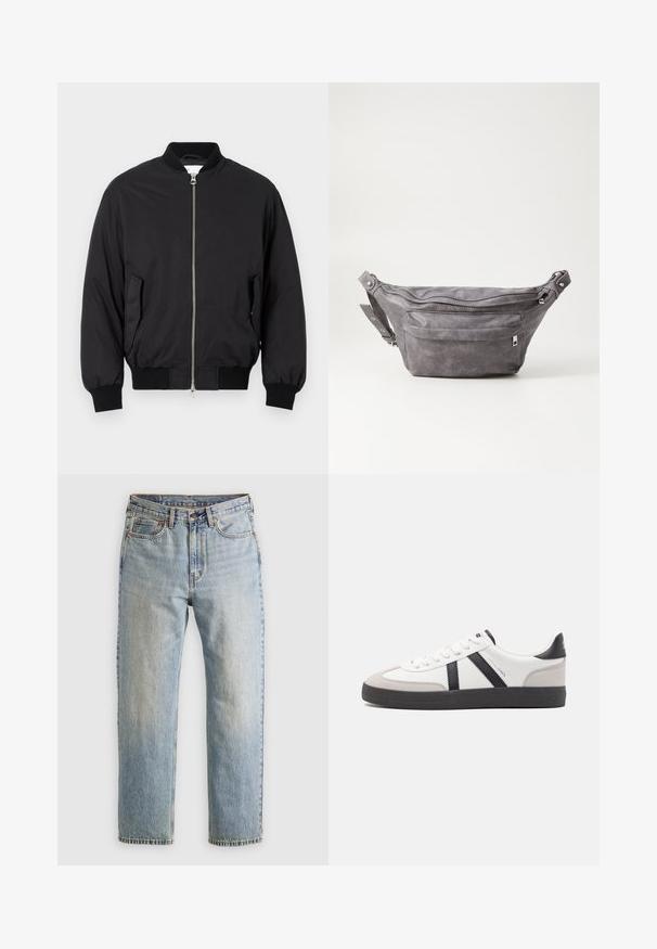 Črna bomberska jakna iz gladkega materiala, s sprednjim zadrgo, rebrastimi manšetami, stranskimi žepi in klasičnim okroglim izrezom.; Temno zelena kapuca iz mehke tkanine, z kenguru žepom, vrvicami in belim logotipom na levi strani prsnega koša.; Svetlo modri džins hlače z visokim pasom, sprednjim gumbom, zadrgo in petimi žepi, laid flat na nevtralni podlagi.; Bela športna obutev z črnimi in sivo akcenti, z teksturirano sivo kapico za prste, črnim gumijastim podplatom in ravnimi belimi vezalkami. Čista zasnova, minimalistični slog.; Sivkasta zamšasta torbica s okroglo obliko, dvema žepoma na zadrgo in nastavljivim trakom. Ima kovinske dodatke.