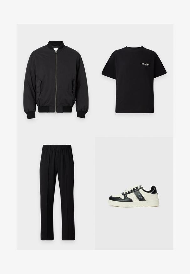 Čierna bombarďácka bunda vyrobená z hladkej tkaniny, s predným zipsom, rebrovanými manžetami, bočnými vreckami a klasickým okrúhlym golierom.; Čierne bavlnené tričko s okrúhlym výstrihom, krátkymi rukávmi a malým bielym logom na ľavej hrudi. Jednoduchý dizajn, klasický strih.; Čierne nohavice s elastickým pásom a rovnými nohavicami, majú hladkú textúru a žiadne viditeľné vzory ani kovové doplnky.; Kožené tenisky v čierno-krémovej farbe, s perforovanými akcentmi, polstrovaným golierom a štruktúrovanou podrážkou.