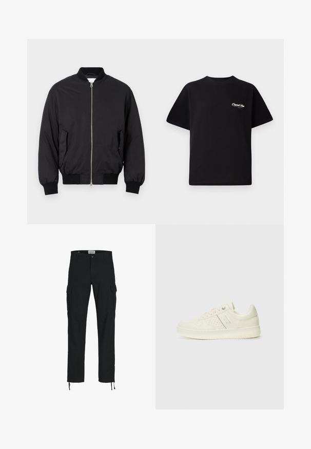 Black bomber jacket made of smooth fabric, featuring a zip front, ribbed cuffs, side pockets, and a classic round neck design.; Black cotton t-shirt featuring a crew neckline, short sleeves, and small white logo text on the left chest. Simple design, classic fit.; Black cargo pants with a straight cut, featuring side pockets, a button closure, and elastic drawstrings at the ankles. Made from durable fabric.; Cream-colored sneaker with perforated detailing, laces, and logo on the side, displayed against a plain white background.