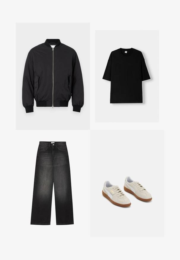 Veste bomber noire en tissu lisse, avec fermeture éclair à l'avant, poignets côtelés, poches latérales et un design classique à col rond.; T-shirt en coton noir à manches courtes, col rond et coupe décontractée. Texture lisse et design minimaliste, sans motifs ni accents.; YOURTURN UNISEX - Jean baggy - black denim; Baskets en daim beige avec des accents en cuir blanc et des semelles en caoutchouc marron. Présentent un bout rond, des lacets et un logo doré sur le côté.