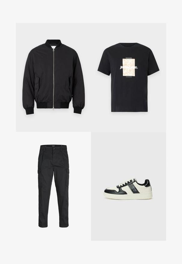 Must must jacket, mis smooth kangast, millel on tõmblukk ees, ribatud varrukad, küljetaskud ja klassikaline ümmargune kaelus.; Mustmust mustäriga T-särk, millel on ümar kaelus. Esipaneelil on beež ristkülikukujuline graafika ja valge tekst "JAWO", mis on keskendatud. Lühikesed varrukad.; Mustad mustapõlvik, mis on valmistatud tugeva koe kasutades, sisaldab mitmeid taskuid, nupule kinnitatav sulgemine ja kitsenev disain.; Nahatud nahkkingad musta ja kreemi värviskeemiga, millel on perforeeritud aktsendid, pehme krae ja tekstureeritud tallad.