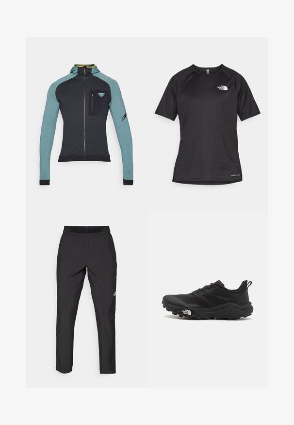 Dynafit RADICAL - Tréningová bunda - atlantic; Čierne športové tričko s krátkym rukávom z texturovanej látky, s bielym logom na ľavej hrudi a rovným lemom.; Čierne športové nohavice s elastickým pásom, vyrobené z ľahkého materiálu, s malým logom na dolnej časti nohy a rovnými nohavicami.; Čierne trailové behacie topánky s štruktúrovaným zvrškom, gumovou podrážkou a vystuženou špičkou. Obsahuje polstrovaný golier a úchyt na jednoduché obúvanie.