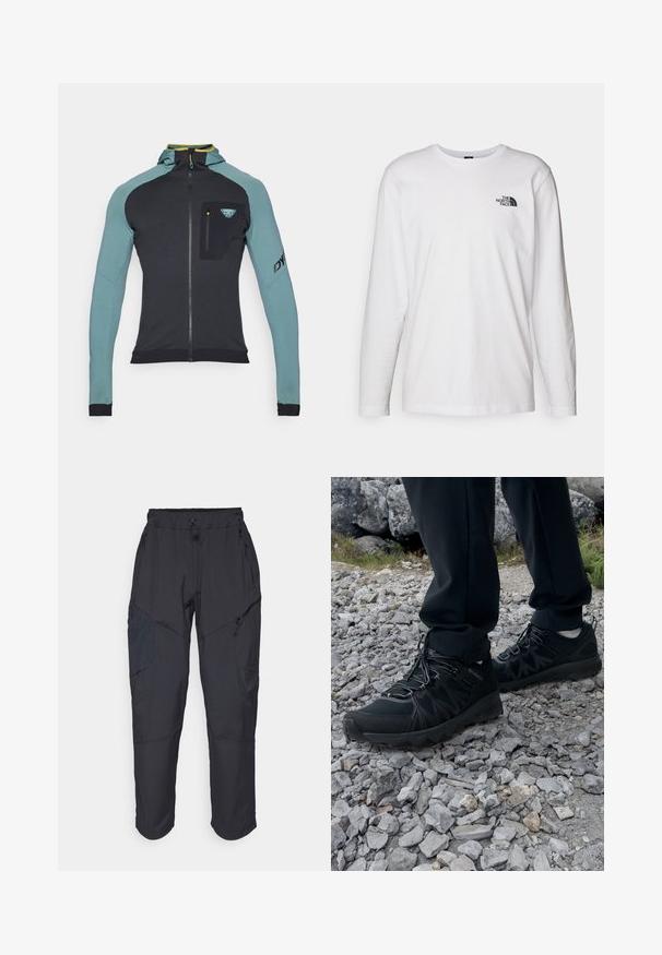 Dynafit RADICAL - Training jacket - atlantic; White long-sleeve T-shirt made of cotton with a crew neck. Features a small black logo on the chest. Smooth texture, regular fit.; Black cargo pants made from a lightweight, water-resistant material; features elastic waistband, multiple zippered pockets, and tapered legs.; Black outdoor shoes with mesh and synthetic material, featuring a textured upper, secured lacing system, and a rugged outsole, on rocky terrain.