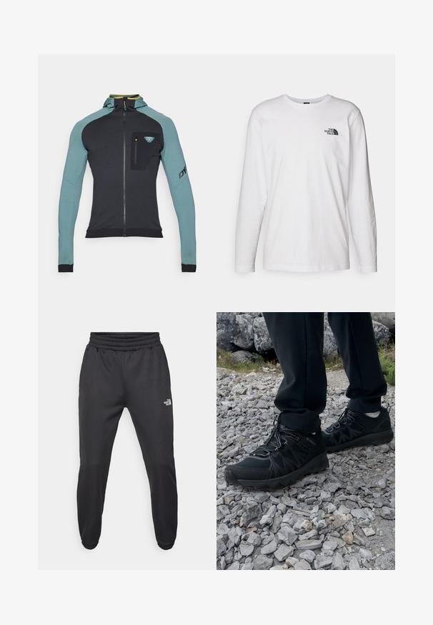 Dynafit RADICAL - Træningsjakke - atlantic; Hvid langærmet T-shirt lavet af bomuld med rund hals. Har et lille sort logo på brystet. Glat tekstur, almindelig pasform.; Sorte sweatpants med snor i livet, tætsiddende pasform, elastiske manchetter og et lille hvidt logo på venstre lår, lavet af glat stof.; Sorte udendørssko med mesh og syntetisk materiale, med en tekstureret overdel, sikre snørebånd og en robust ydersål, på klippelandskab.