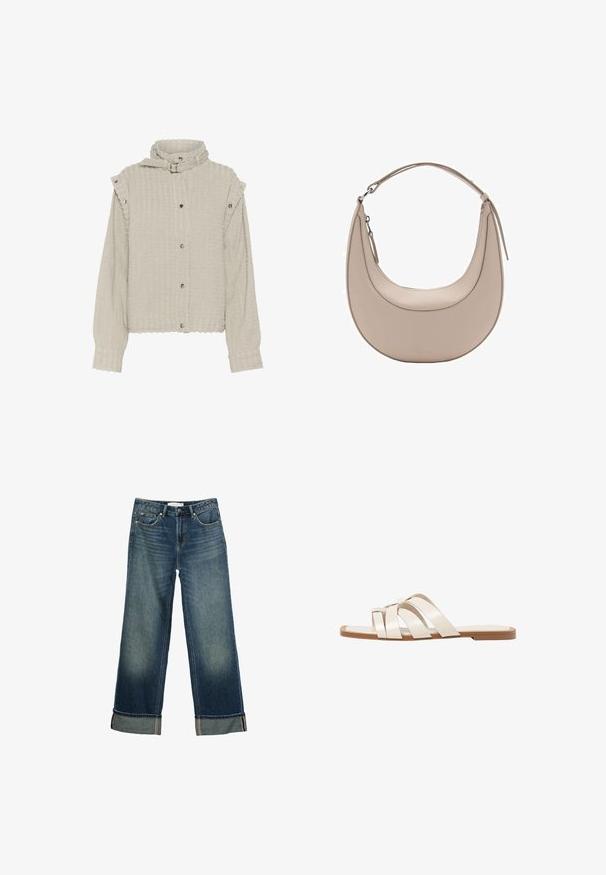 Svetlosiva teksturirana jakna s dugim rukavima, dugmadi na kopčanje i dizajnom s visokim ovratnikom. Sadrži suptilno rebrovanje i naglaske na ramenima.; Smeđi kratki rukav majica od mekog pamuka. Ima okrugli izrez i širok kroj, s glatkom teksturom i bez vidljivih uzoraka.; Široke plave traperice s izblijedjelim izgledom, dizajnom s pet džepova i preklopljenim završecima s kontrastnim šavovima. Glatka tekstura.; Ravne sandale s smeškom od gume, dizajnirane s tri preklapajuće bele kožne trake i malim detaljem mašne u sredini.; Bež kožna torba za rame u obliku polumjeseca, glatke teksture i s jednim zakrivljenim ručkom. Sadrži zatvor na zip i uredno šivenje.