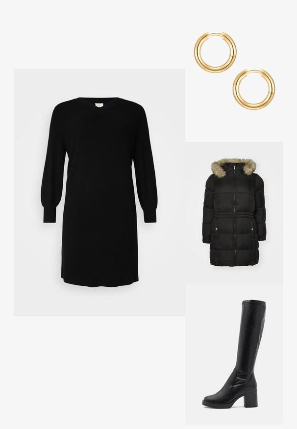 Vero Moda Curve VMCPINAR COAT - Talvemantel - black; Must mustras kleit V-kaelusega, pikkade pallikujuliste varrukatega ja soonikkudumistega mansettidega. Lihtne disain sirge lõike ja põlve pikkuse hemiga.; Mustad, kuni põlvedeni ulatuvad saiakeed, mis on valmistatud siledast nahast, suure kandiga ja ümarate varvastega. Omab sujuvat disaini ja peeneid õmblusaktsente.; Kuldne rõngast tüüpi kõrvarõngad, millel on kahekordne disain. Sile, läikiv pind ja sujuv kinnitussüsteem. Ümmargune kuju ning modernne välimus.