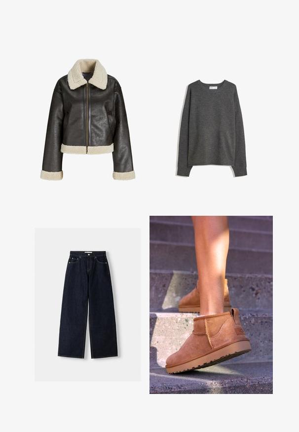 Bruine faux leren jas met een crème schapenwollen kraag, ritssluiting en bijpassende manchetten. Beschikt over een cropped ontwerp en een gestructureerd oppervlak.; Grijze gebreide trui met een brede halslijn, lange mouwen en geribde boorden. De stof lijkt zacht met een lichte textuur en een ontspannen pasvorm.; Donkerblauwe denim wijduitlopende jeans met een hoge taille, vijf zakken, contrasterende stiksels en zilveren metalen hardware. Gladde textuur en een nette afwerking.; Tamme suède enkelboots met een zachte textuur, gestikte details en een rubberen zool, met een lusvormige hak voor gemakkelijk aan- en uittrekken.