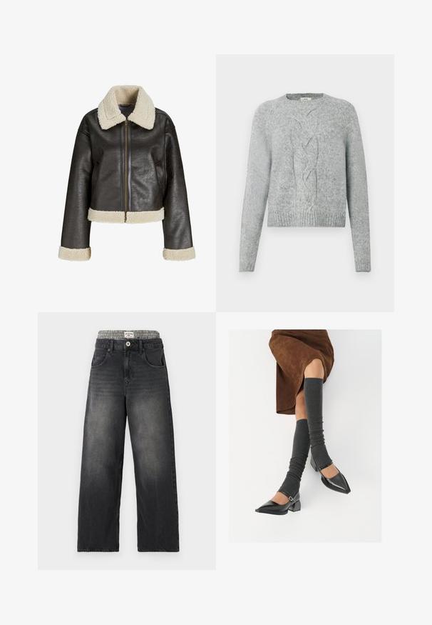 Brun kunstlæderjakke med en cremet shearlingkrave, lynlåslukning og matchende manchetter. Har et cropped design og tekstureret overflade.; Lys grå strikket sweater med lange ærmer, rund hals og centralt kabelstrik på fronten.; Sorte denim bredbenede jeans med et houndstooth-mønster i taljen. Funktioner inkluderer sidelommer og en knaplukning. Slidt tekstur.; Sorte patenterede lædersko med spids tå, blokhæl og ankelrem, kombineret med grå ribbede benvarmere og en brun ruskinds nederdel.