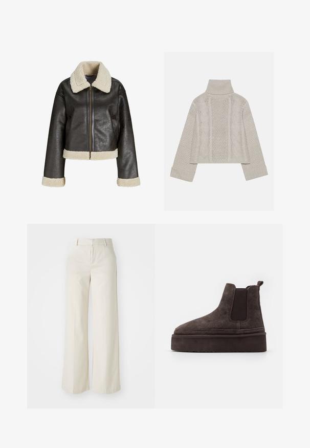 Brun kunstlæderjakke med en cremet shearlingkrave, lynlåslukning og matchende manchetter. Har et cropped design og tekstureret overflade.; Afskåret, lysegrå striktrøje med højt krave og ribbede manchetter, prydet med teksturerede kabelmønstre ned ad ryggen og siderne.; Bredde ben-bukser i en lys beige farve, lavet af et glat stof. Har en klassisk talje og flad front med rene linjer.; Brune ruskinds Chelsea støvler med elastiske sidepaneler og en tyk, struktureret platåsål. Har en strop bagpå til nem påtagning.