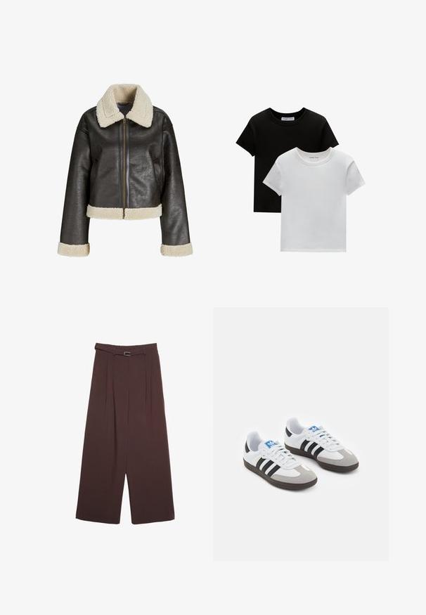 Ruskea keinonahkajakku, jossa on kerma beige tekoturkiskaulus, vetoketjukiinnitys ja samansävyiset hihansuut. Ominaisuuksiin kuuluu lyhyt malli ja teksturoitu pinta.; Kaksi crew-neck t-paitaa mustana ja valkoisena, valmistettu puuvillasta. Ne sisältävät lyhyet hihat ja yksivärisen muotoilun ilman kuvioita tai korostuksia.; Stradivarius WIDE-LEG WITH BUCKLE DETAIL - Housut - dark brown; Urheilukengät, joissa on valkoinen nahkainen päällinen, harmaa mokkanokka ja kolme mustaa raitaa. Ominaisuuksina sininen logo kielekkeessä ja kuvioitu kumipohja.