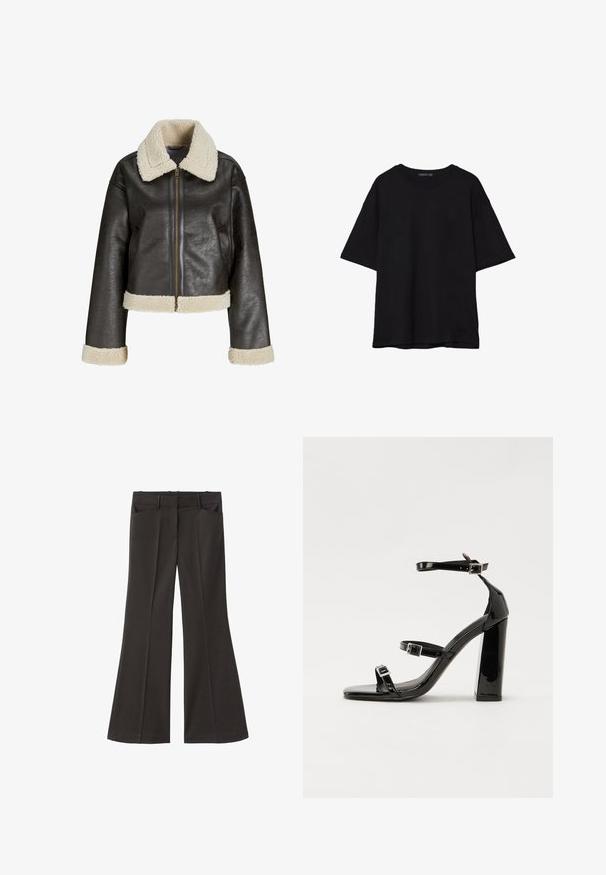 Hnědá umělá kožená bunda s krémovým kožešinovým límcem, zipem a odpovídajícími manžetami. Má zkrácený střih a texturovaný povrch.; Černé bavlněné tričko s volným střihem, krátkými rukávy, zaobleným výstřihem a hladkou texturou. Bez viditelných vzorů nebo akcentů.; Černé rozšířené kalhoty s vysokým pasem; mají dvě přední kapsy a hladkou texturu látky. Vhodné pro různé příležitosti.; Černé lakované sandály na podpatku se čtveratou špičkou, lýtkovými pásky a stříbrnými přezkami. Disponují masivním blokovým podpatkem pro stabilitu.