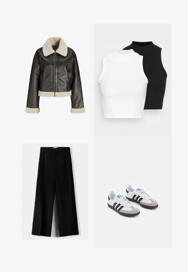 Brun kunstlæderjakke med en cremet shearlingkrave, lynlåslukning og matchende manchetter. Har et cropped design og tekstureret overflade.; To kjoleløse ribbede turtleneck-toppe i sort og hvid, med en tætsiddende design og glat tekstur, samt cropped længde.; Sorte brede bukser lavet af letvægtsstof, med frontknaplukning og glat front, samt pænt syede kanter.; Sportsko med en overdel i hvid læder, grå ruskind på tåen og tre sorte striber. Har et blåt logo på tungen og en struktureret gummisål.