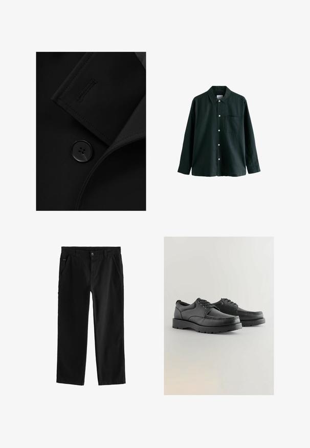 Musta bleiseri, jossa on lovettu kaulus, näyttävä nappikiinnitys ja huomaamaton ompeluyksityiskohta kauluksen läpällä. Silkkinen kangastunnelma.; Tummanvihreä napitettava paita, jossa on kaulus, pitkät hihat ja yksi rintatasku; siinä on valkoiset napit ja pehmeä tekstuuri.; Mustat puuvillahousut suoralla lahkeella, joissa on etu-napitus, viistot sivutaskut ja hienovaraiset ompeluyksityiskohdat.; Mustat nahkakengät, joissa on teksturoitu pinta, pyöreä kärki, nauhakiinnitys ja paksut kumipohjat, joissa on kuvio.