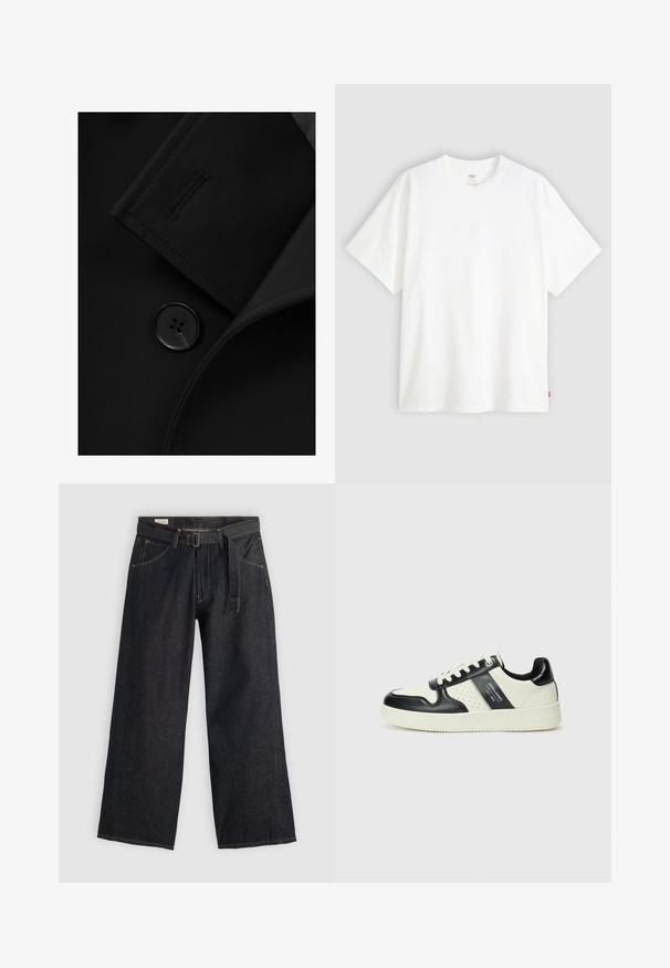 Mustakas bleitser, millel on lõikekaelus, silmapaistev nööbikäendus ja peen õmblustehnika kaeluse klapil. Silmapaistev kangas.; Valge lühikeste varrukatega puuvillane T-särk, millel on ümmargune kaelus. Ees on peene reljeefse logoga detail ja hemmi peal punane silt.; Tumed denimist laiad püksid vööga, esikülgedel on taskud ja kontrastne õmblus. Sile tekstuur ja puhas disain.; Nahatud nahkkingad musta ja kreemi värviskeemiga, millel on perforeeritud aktsendid, pehme krae ja tekstureeritud tallad.