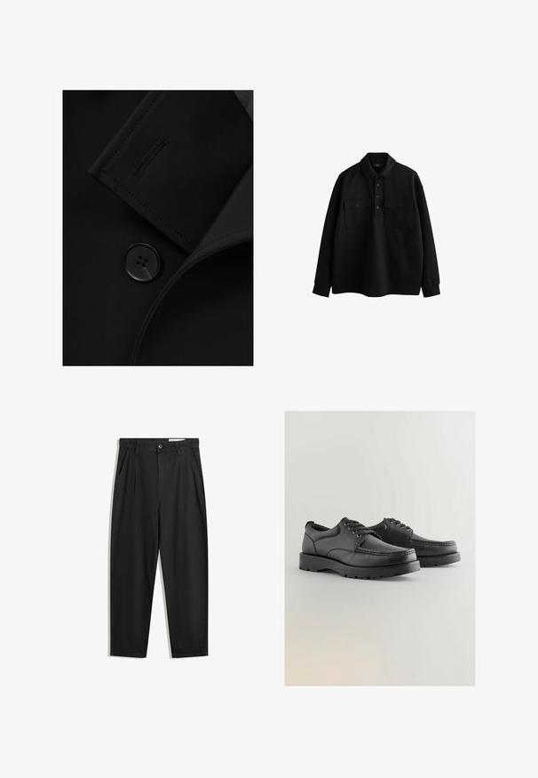 Zwarte blazer met een notch-kraag, opvallende knoopsluiting en subtiele stiksels op de kraagflap. Zachte stoftextuur.; Zwarte poloshirt met lange mouwen en kraag, twee borstzakken, vijf knopen en een relaxte pasvorm. Gemaakt van zachte, gestructureerde stof.; Zwarte katoenen broeken met een losse pasvorm, voorzien van een klassieke tailleband, voorplooien en zijzakken. Gladde structuur zonder patronen.; Zwarte leren schoenen met een gestructureerde bovenkant, ronde neus, vetersluiting en dikke rubberen zolen met een patroon.