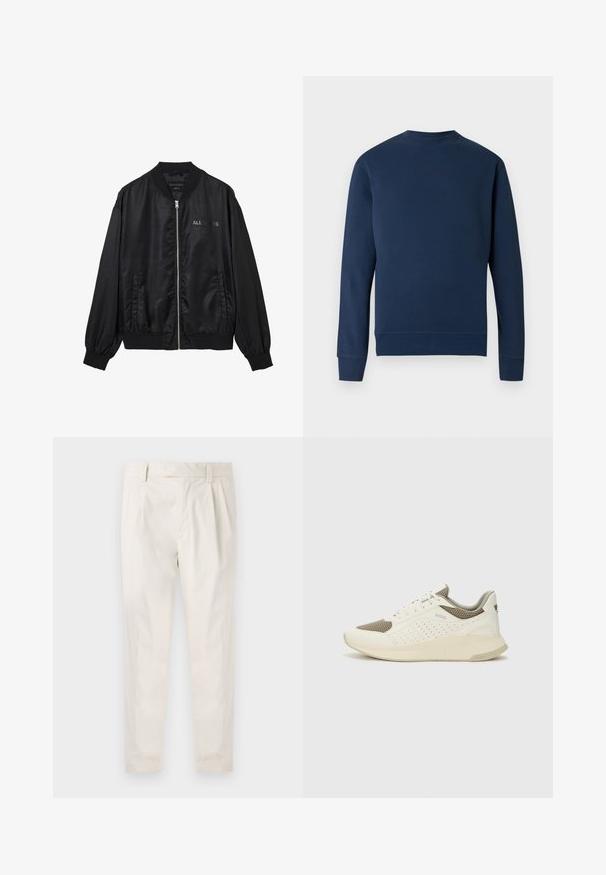 Schwarze Satin Bomberjacke mit Frontreißverschluss, geripptem Kragen und Bündchen, Seitentaschen und dezentem "ALLSAINTS"-Logo auf der Brust.; Marineblauer Pullover mit rundem Ausschnitt, gerippten Bündchen und Saum. Verfügt über ein dezentes Logo auf der Brust in passender Farbe. Glatte Stoffstruktur.; Weiße, plissierte Hose mit taillierten Schnitt, die eine glatte Textur, Gürtelschlaufen und schmal zulaufende Beine aufweist. Keine sichtbaren Taschen oder Muster.; Weiße und hellbeige Sport Sneakers, ausgestattet mit einem Obermaterial aus Netzgewebe, perforierten Details und einer strukturierten Zwischensohle mit Branding an der Ferse.