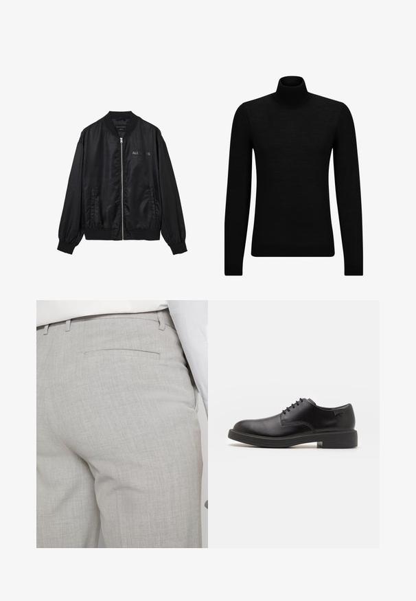 Black satin bomber jacket with front zipper, ribbed collar and cuffs, side pockets, and subtle "ALLSAINTS" logo on chest.; Black turtleneck sweater made of soft material, featuring long sleeves and a snug fit. Ribbed trim at the hem and cuffs. Simple design.; Light gray tailored trousers made of textured fabric, featuring a single back pocket and clean stitching.; Black leather lace-up shoe with a rounded toe, smooth texture, minimal stitching, and a low rubber heel. Logo on the heel.