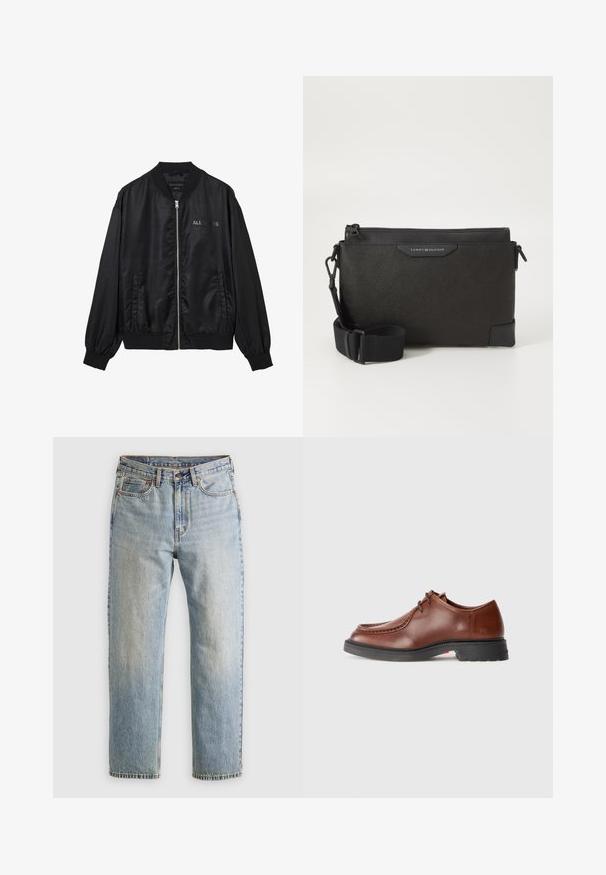 Zwarte satijnen bomberjack met frontale rits, geribbelde kraag en manchetten, zijzakken en subtiele "ALLSAINTS" logo op de borst.; Bordeaux langemouw overhemd van katoen, met een button-down kraag, sluiting met knopen aan de voorkant en een klein logo op de borst.; Lichtblauwe denim jeans met hoge taille, frontknop, rits en vijfzakkenontwerp, plat gelegd op een neutrale achtergrond.; Bruine leren dresschoen met een ronde neus, contrasterende stiksels, vetersluiting en een gestructureerde zwarte rubberen zool.; Zwarte leren schoudertas met een getextureerd oppervlak, voorzien van een ritssluiting en een verstelbare schouderband. Logo label aan de voorkant. Rectangulaire vorm.